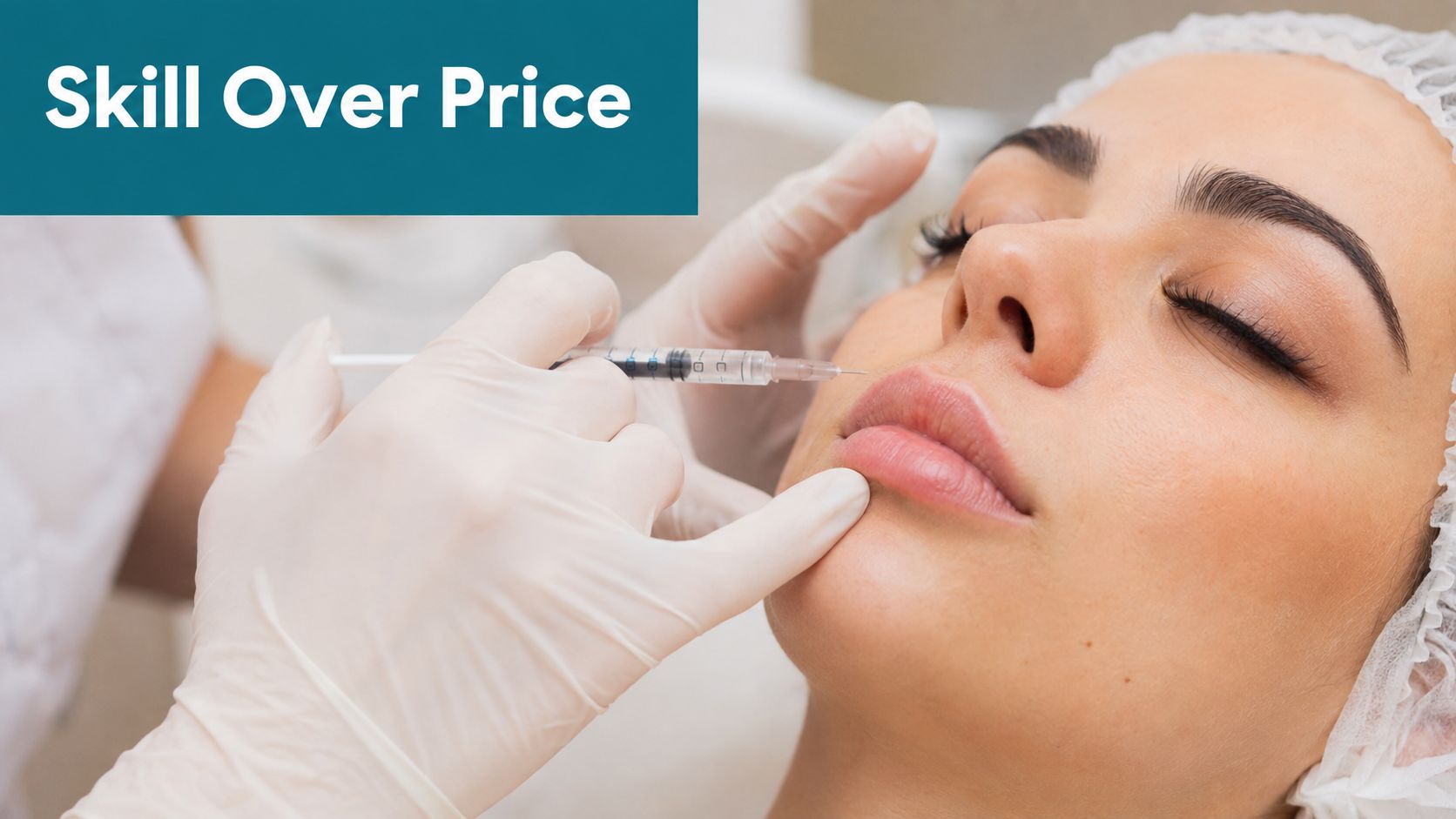 A professional cosmetic injector administering a lip filler treatment to a patient in a clinical setting.