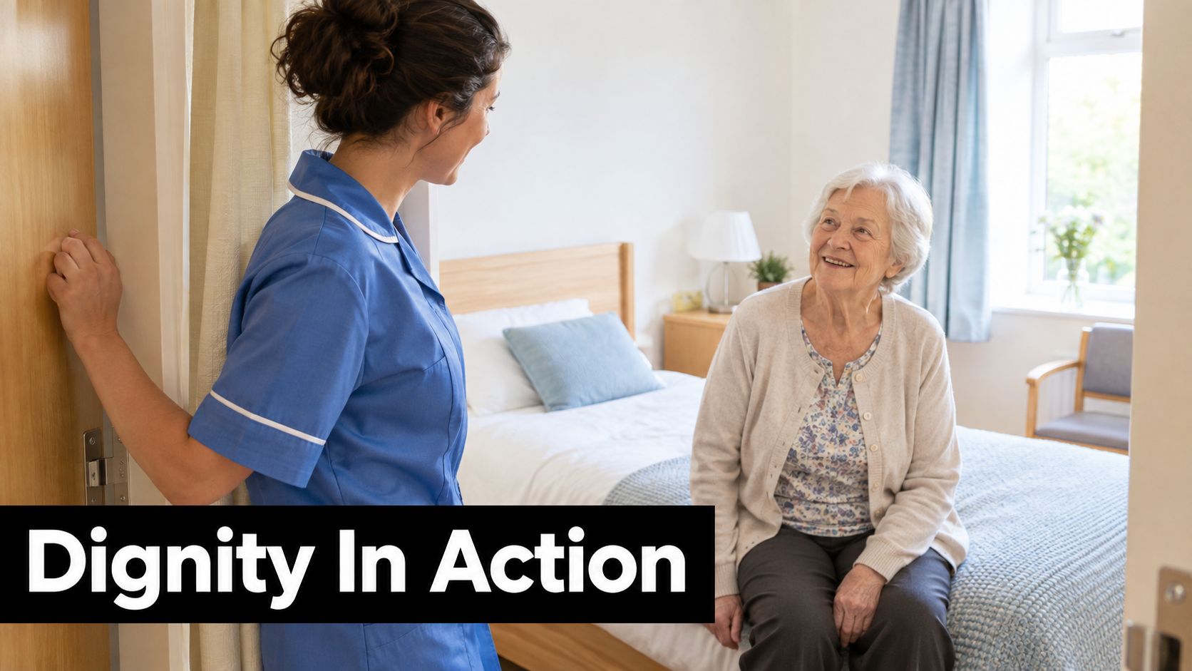 A professional caregiver knocking on a patient's bedroom door to respect privacy and dignity in care.