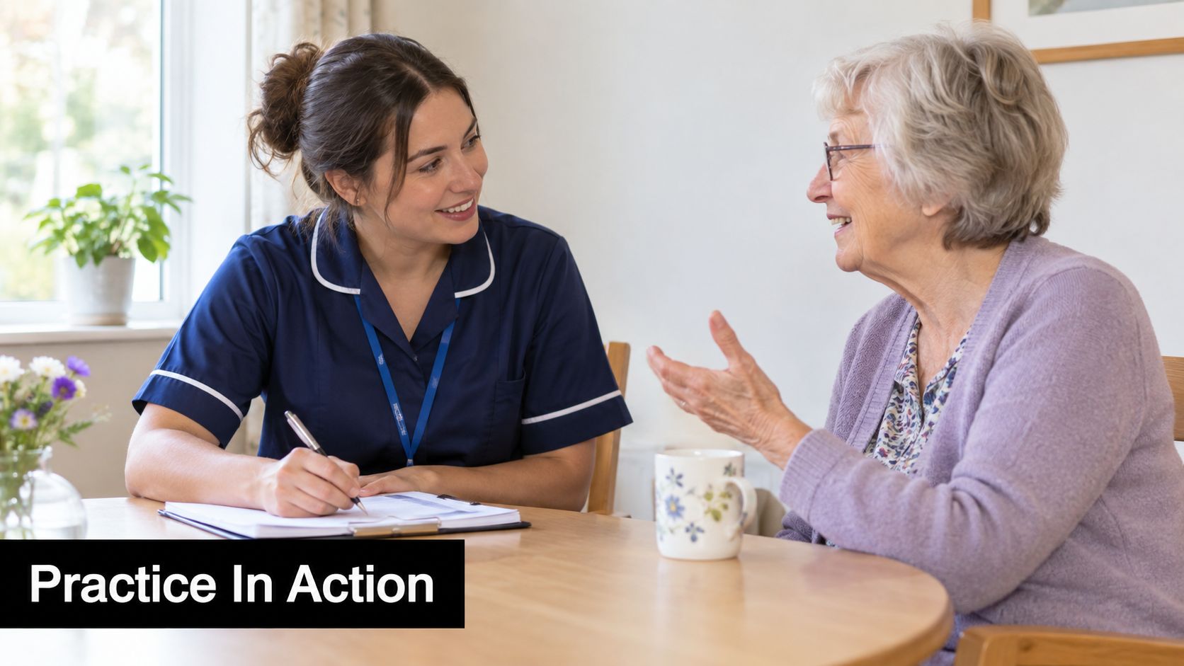 A friendly nurse smiling and taking notes while listening to an elderly woman during a home visit.