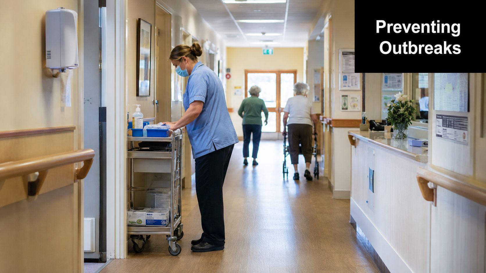 A healthcare worker in a blue uniform and mask organizes a supply cart in a care home hallway.