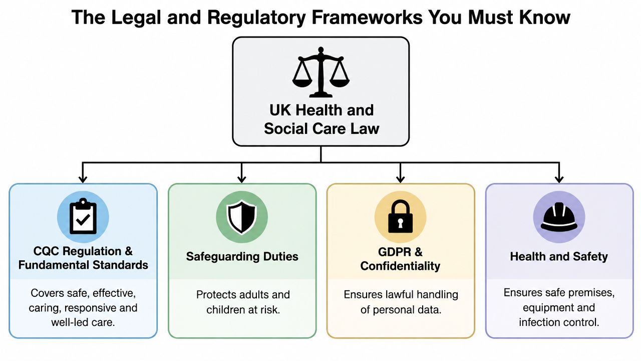 A diagram outlining the key legal and regulatory frameworks for UK health and social care.