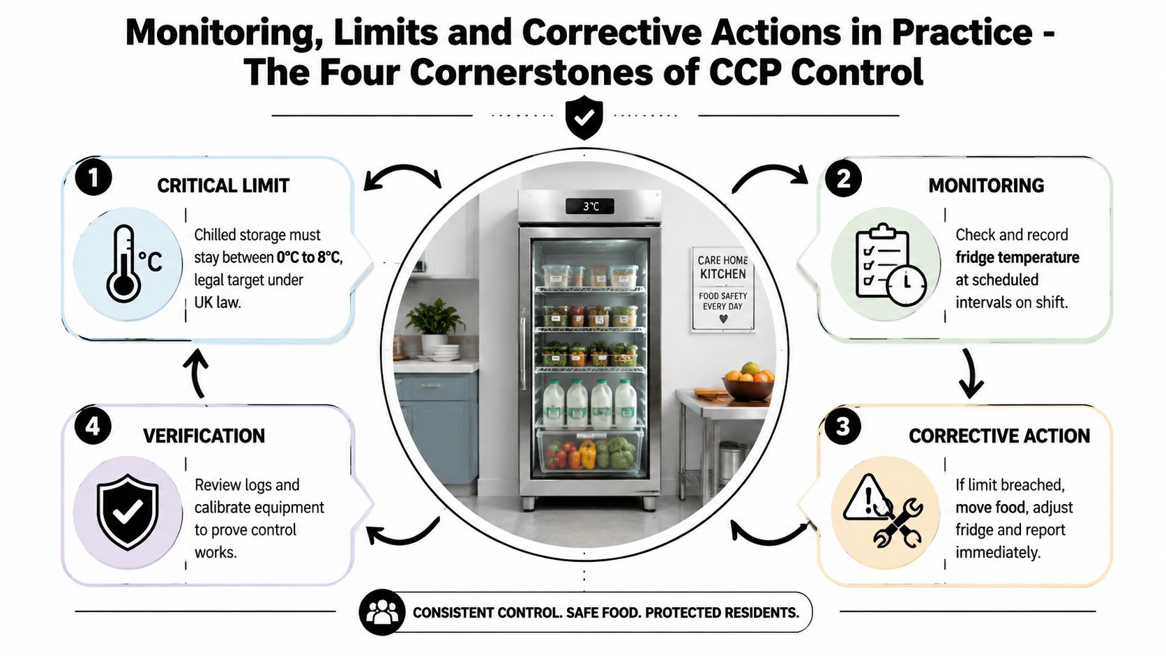A diagram illustrating the four cornerstones of food safety monitoring, critical limits, corrective actions, and verification.