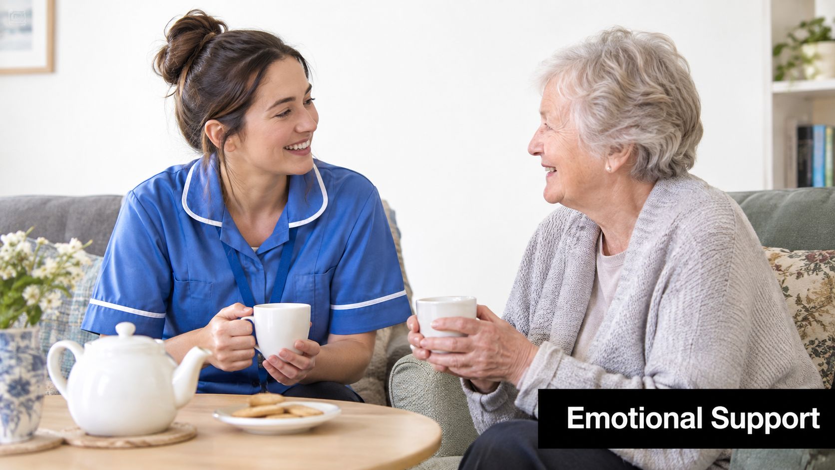 A friendly domiciliary care worker having a cup of tea and a chat with an elderly woman.