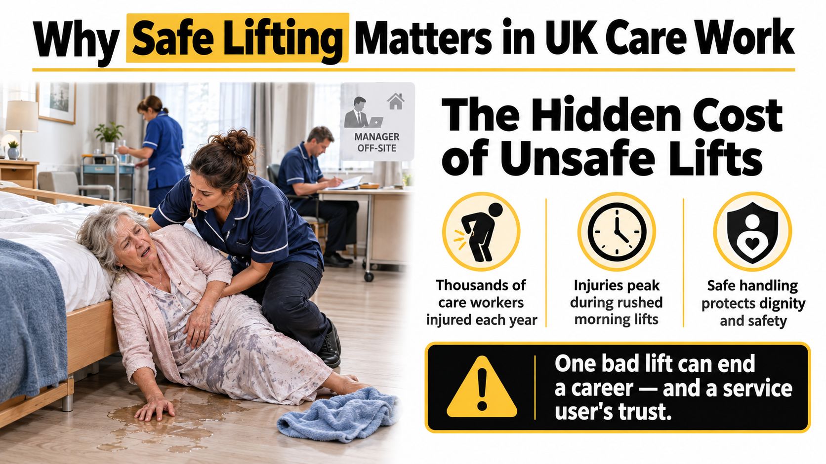 A care worker assisting an elderly woman on the floor, highlighting the risks of unsafe lifting.