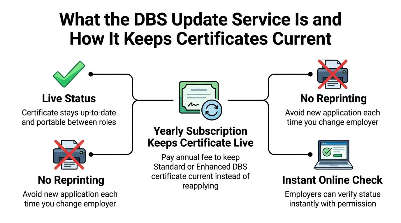 An infographic explaining how the DBS Update Service keeps certificates current with yearly subscription benefits.