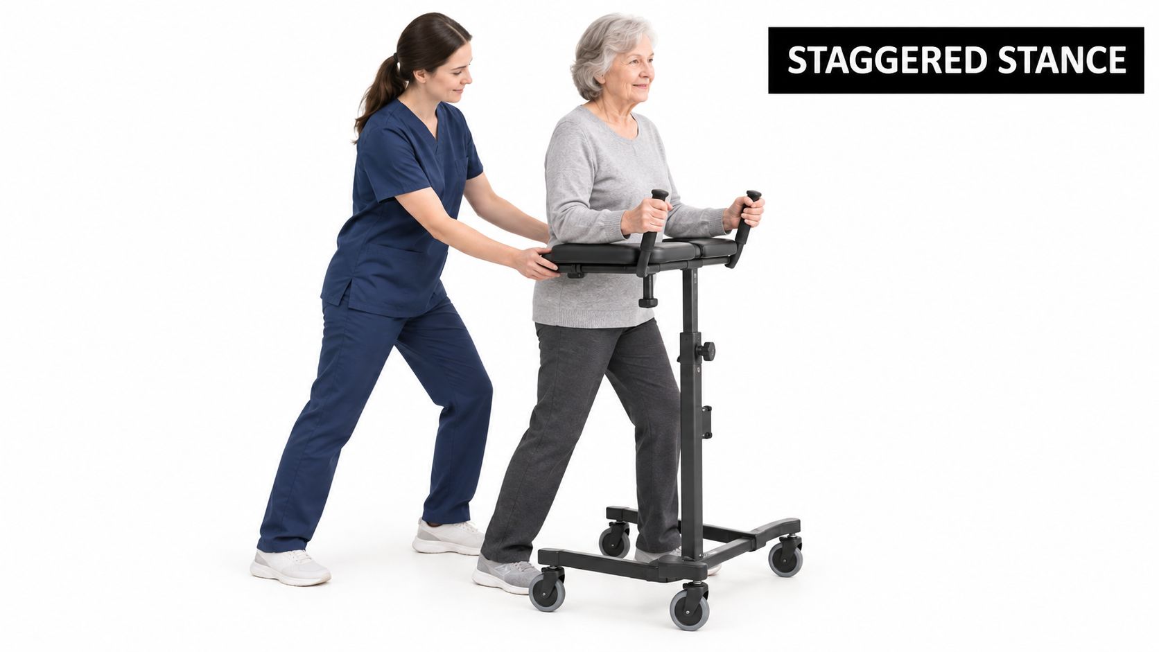 A caregiver helping an elderly woman walk using a medical platform walker with a staggered stance.