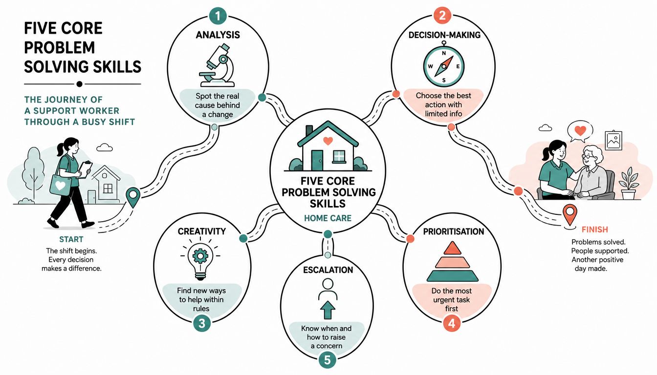 A diagram illustrating five core problem solving skills for home care support workers during their shift.