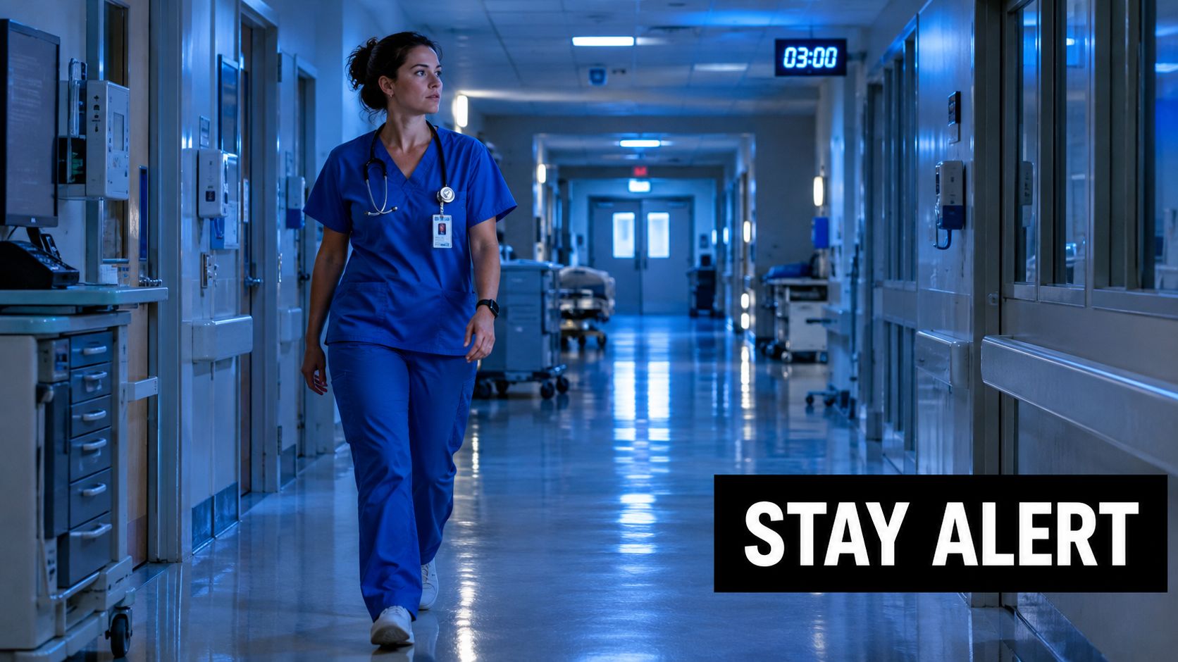 A focused nurse in blue scrubs walks down a quiet hospital corridor during a late night shift.