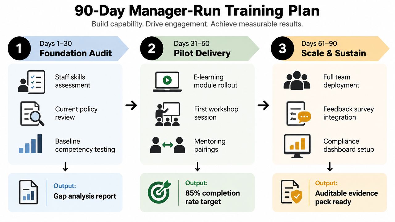 A 90-day manager-run training plan infographic showing three stages for staff skills and compliance development.