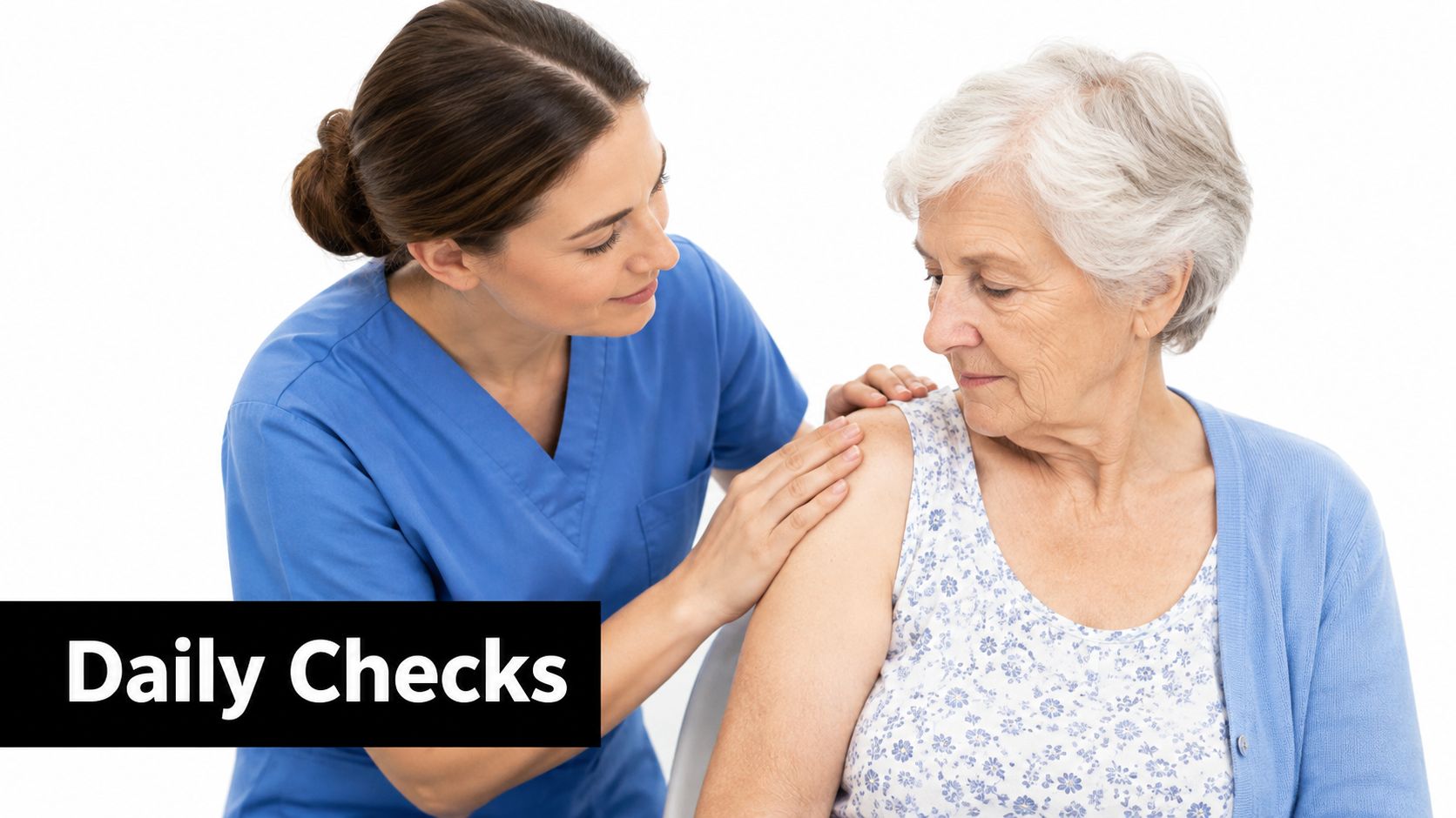 A caring nurse performing a health assessment and checking the shoulder skin of an elderly woman.