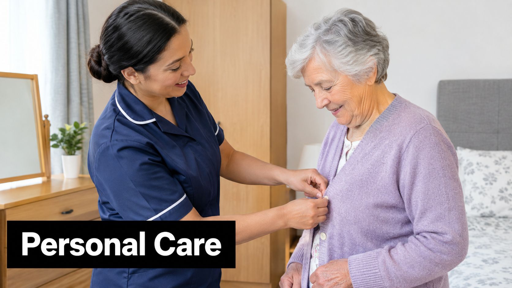 A professional care worker helping an elderly woman button her purple cardigan in a bedroom setting.