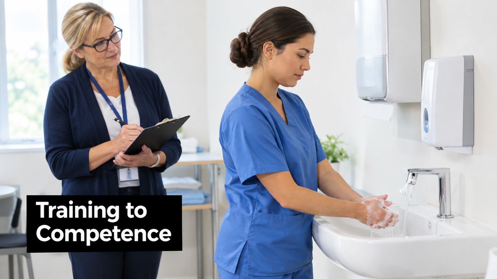 A supervisor observes a healthcare worker washing their hands at a sink for compliance training.