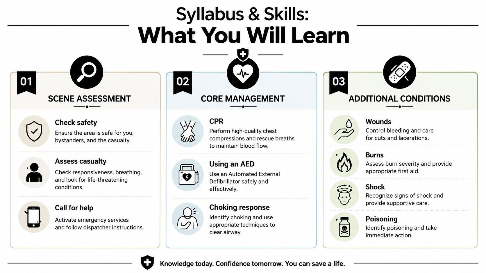 An infographic detailing a first aid course curriculum including scene assessment, core management, and additional conditions.