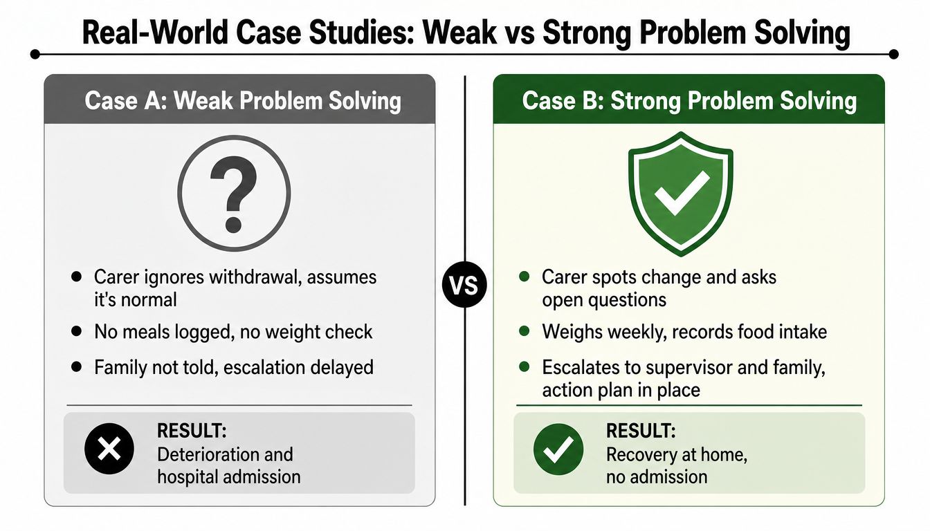 A comparison chart showing weak versus strong problem solving methods in a healthcare caregiving context.