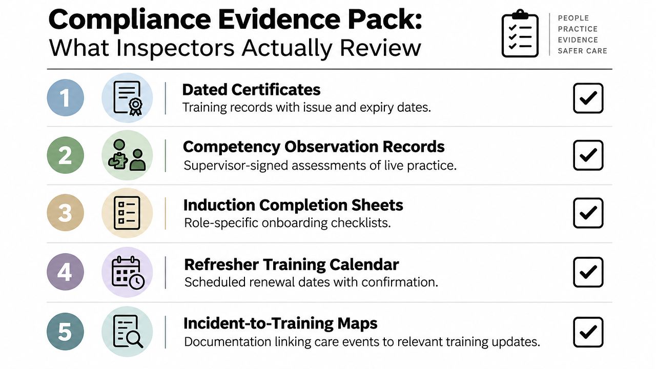 An infographic titled Compliance Evidence Pack listing five key documents inspectors review for care home staff training.