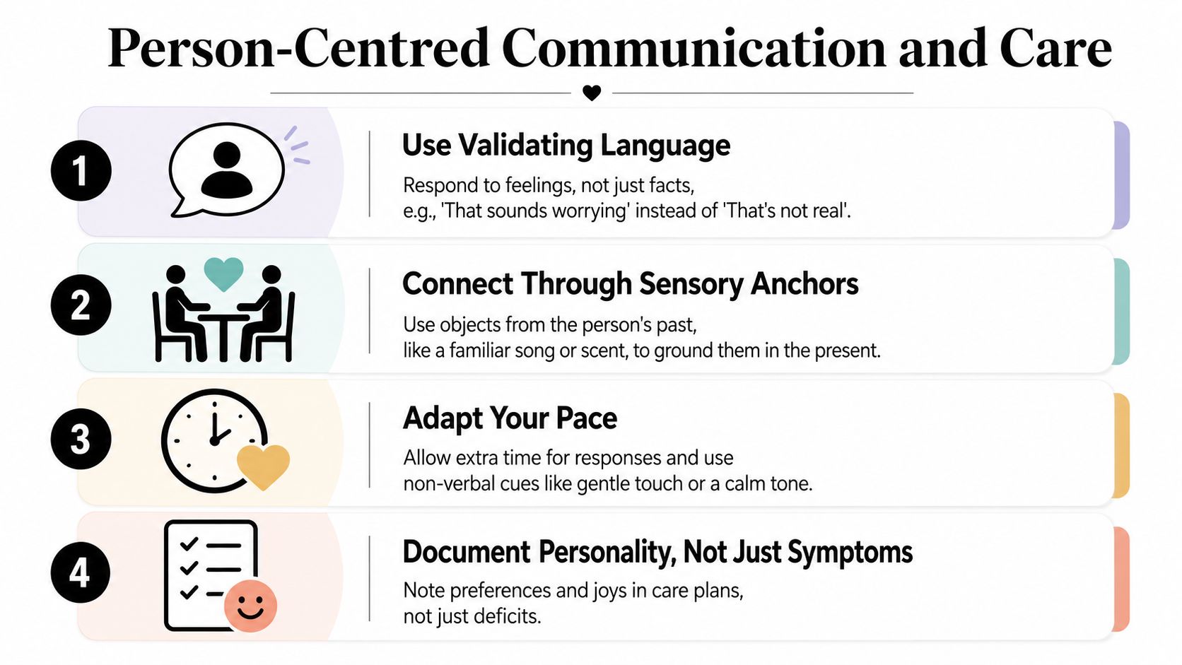 An infographic detailing four tips for person-centered communication and care for individuals with dementia.