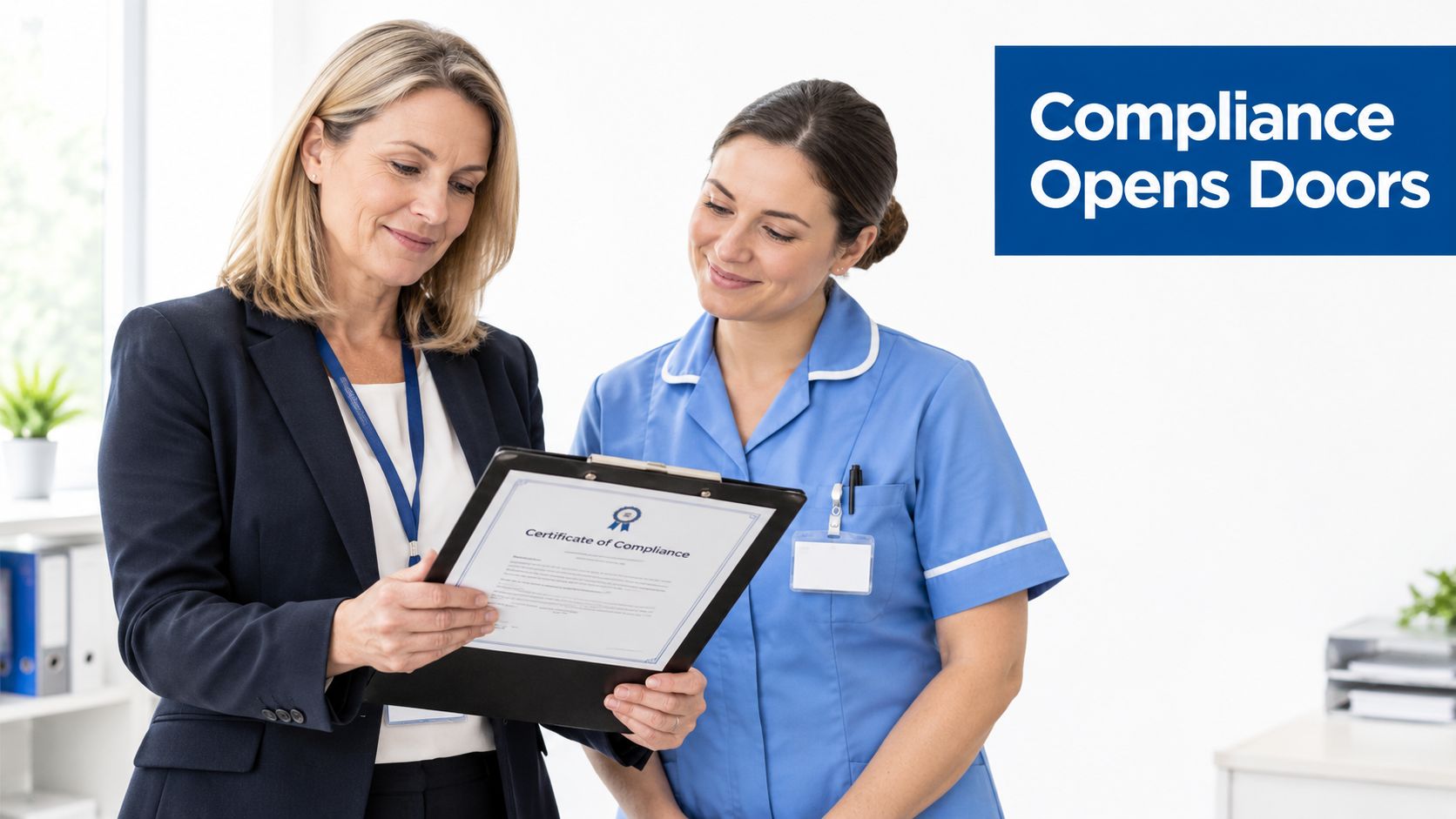 A professional woman in a suit and a nurse reviewing a Certificate of Compliance document together.