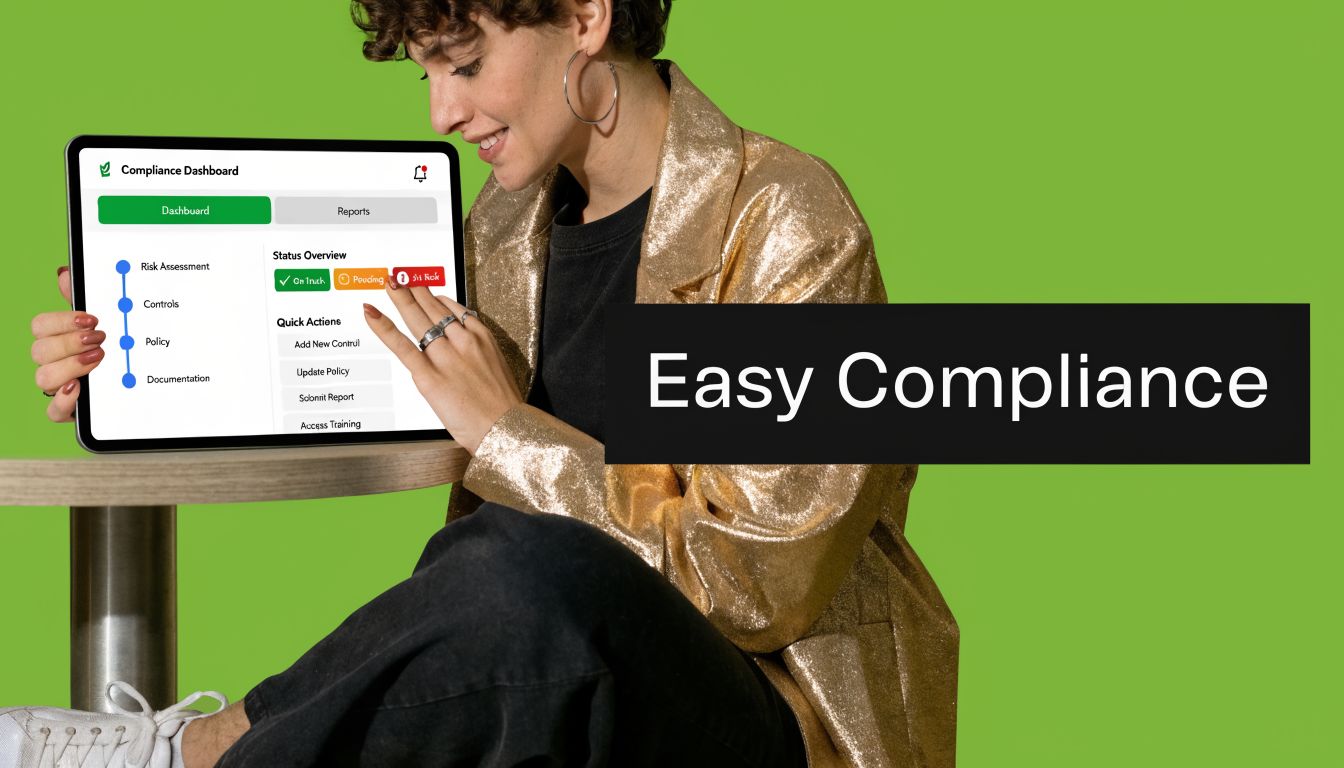 A smiling person in a gold jacket holding a tablet showing a digital compliance dashboard interface.