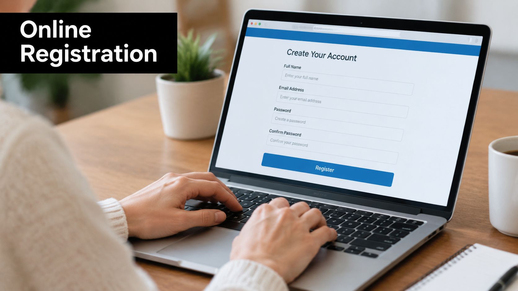A person using a laptop to fill out an online registration form to create a new account.