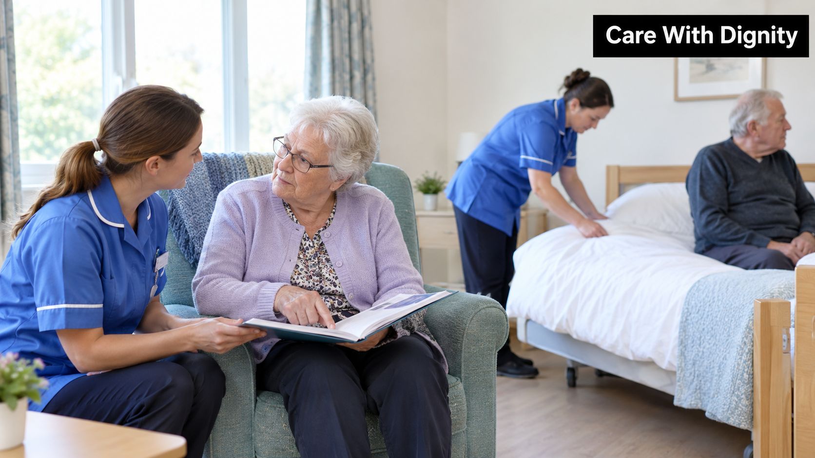 A caregiver in a blue uniform sits with an elderly woman looking at a booklet together.