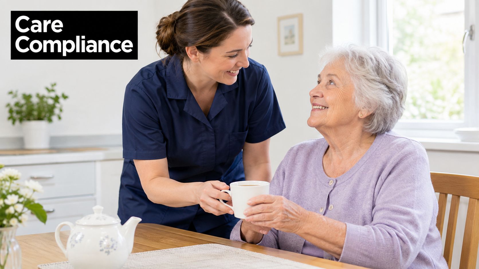 A friendly caregiver serving a warm cup of tea to a happy elderly woman at home.