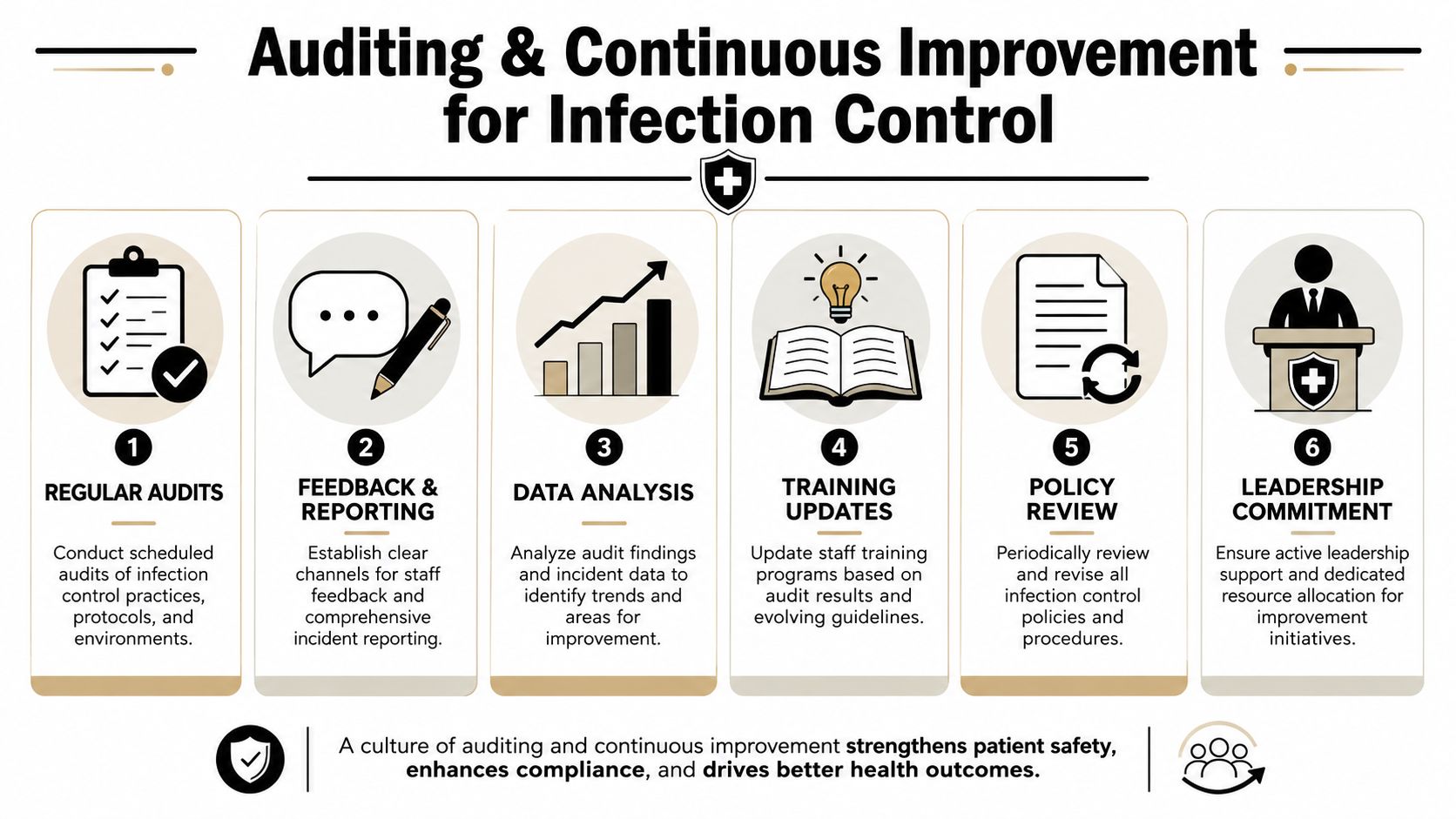 An infographic titled Auditing and Continuous Improvement for Infection Control featuring six steps for healthcare compliance.