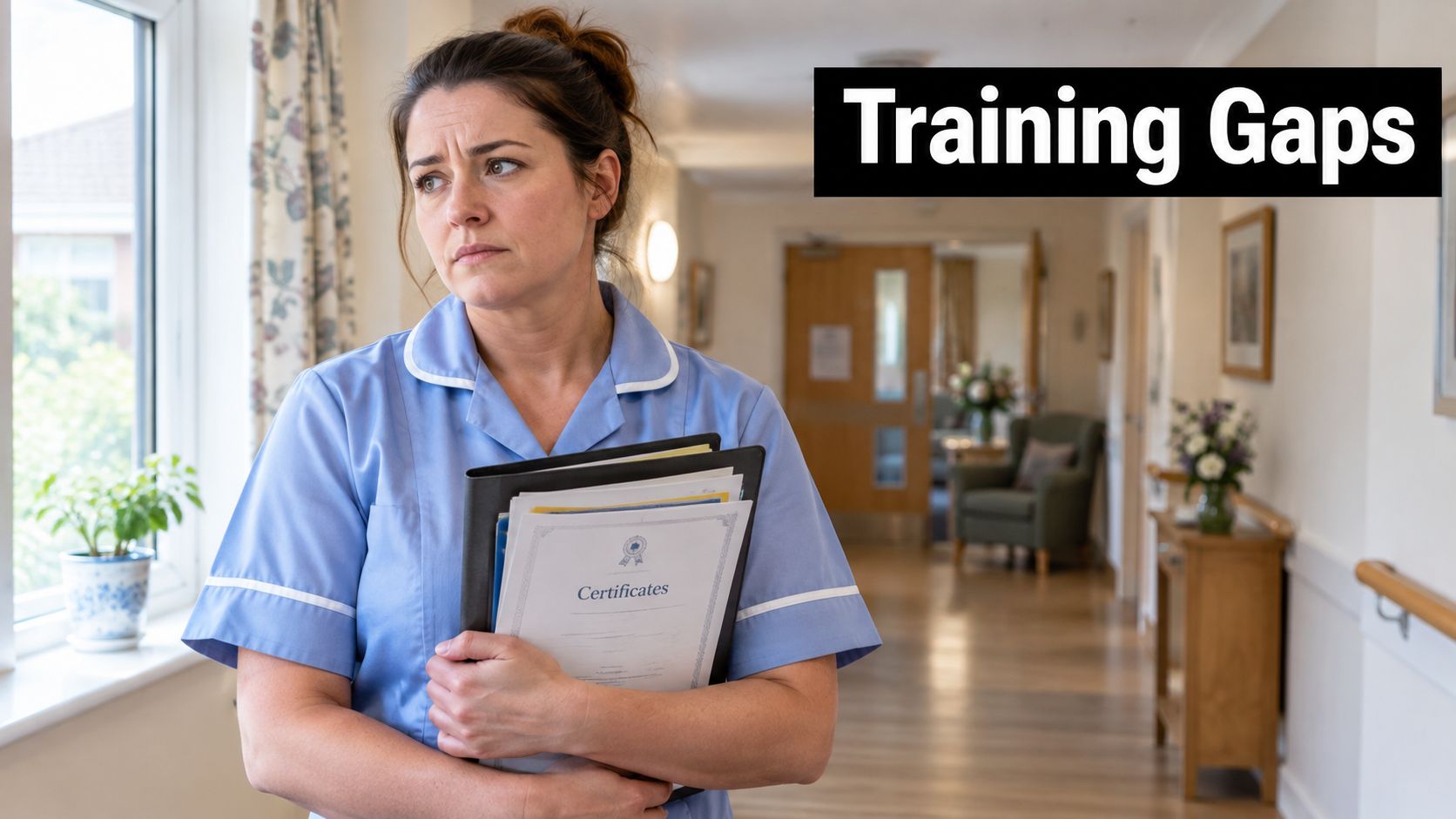 A concerned nurse in a care home corridor holding a binder of certificates about training gaps.
