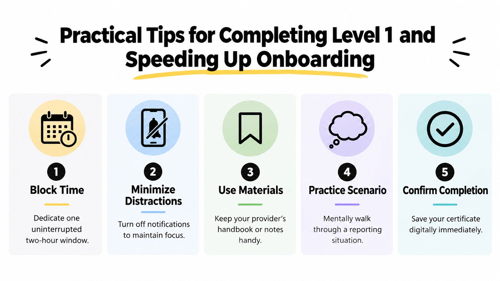 An infographic listing five practical tips for completing Level 1 safeguarding training and speeding up onboarding.