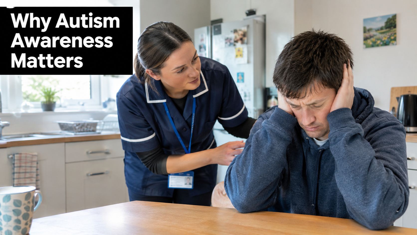 A healthcare professional providing comfort and support to a man covering his ears in a kitchen.