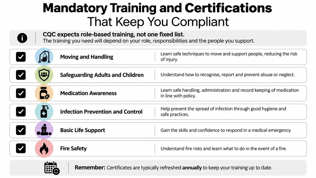 A list of mandatory training and certifications for health and social care workers to remain compliant.