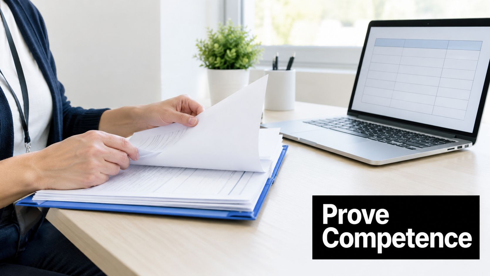 A professional reviewing legal documents at a desk with a laptop to verify health and social care compliance.