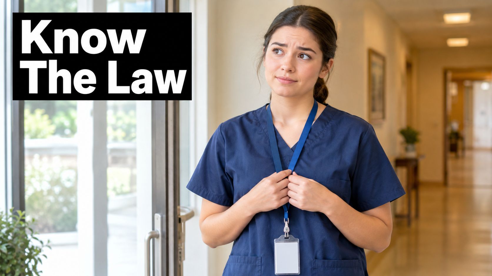 A young female healthcare worker in blue scrubs looking concerned while standing in a hospital hallway.