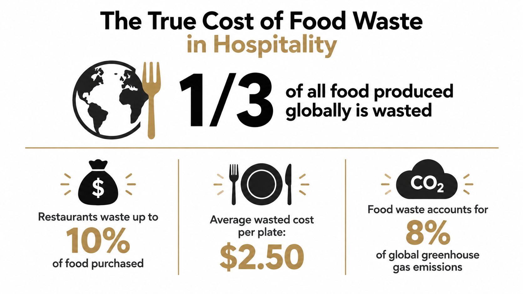 Un'infografica intitolata Il vero costo dello spreco alimentare nella ristorazione che mostra statistiche sulla perdita globale di cibo.