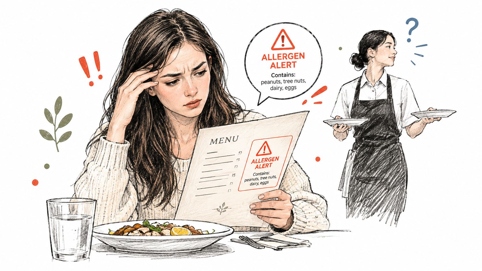 A concerned woman reading a restaurant menu with an allergen alert icon while a waitress watches her.
