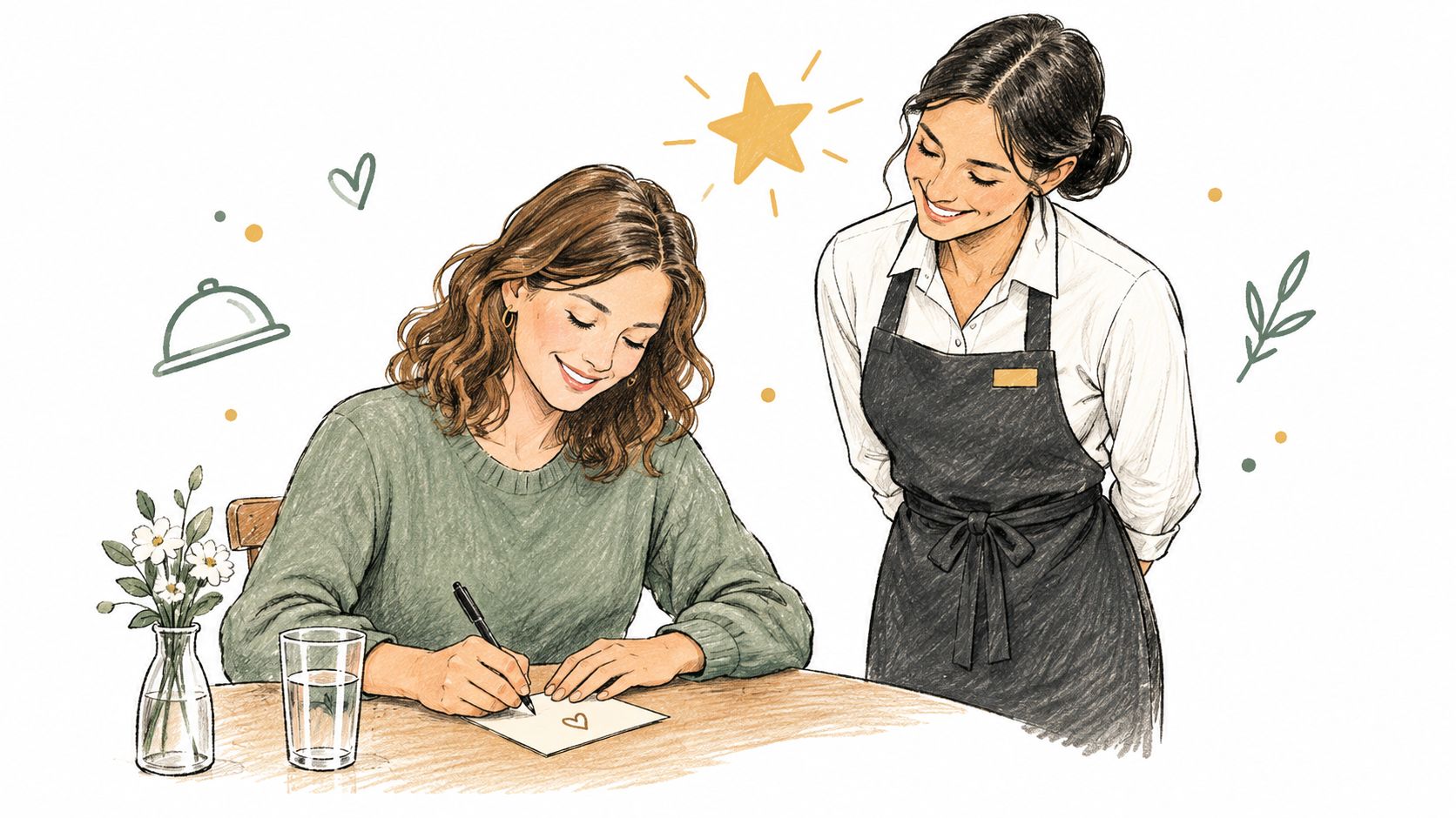A customer smiling while writing a review on a comment card as a waitress watches respectfully.