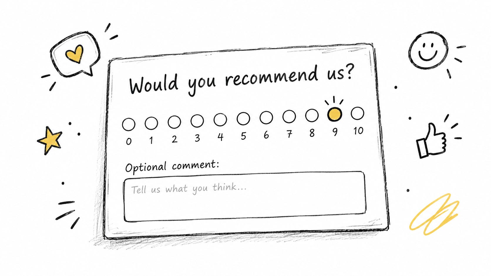 A hand-drawn survey card asking Would you recommend us with a scale from 0 to 10.