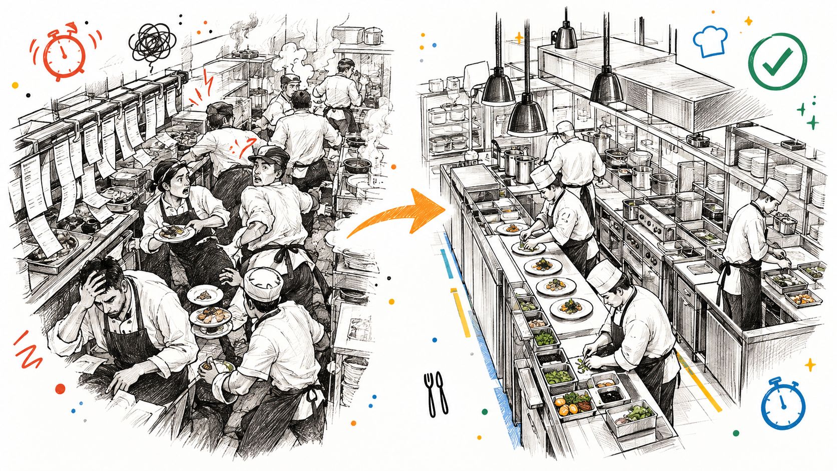 A dual-scene sketch contrasting a chaotic, stressed kitchen environment with an organized, efficient kitchen brigade system.