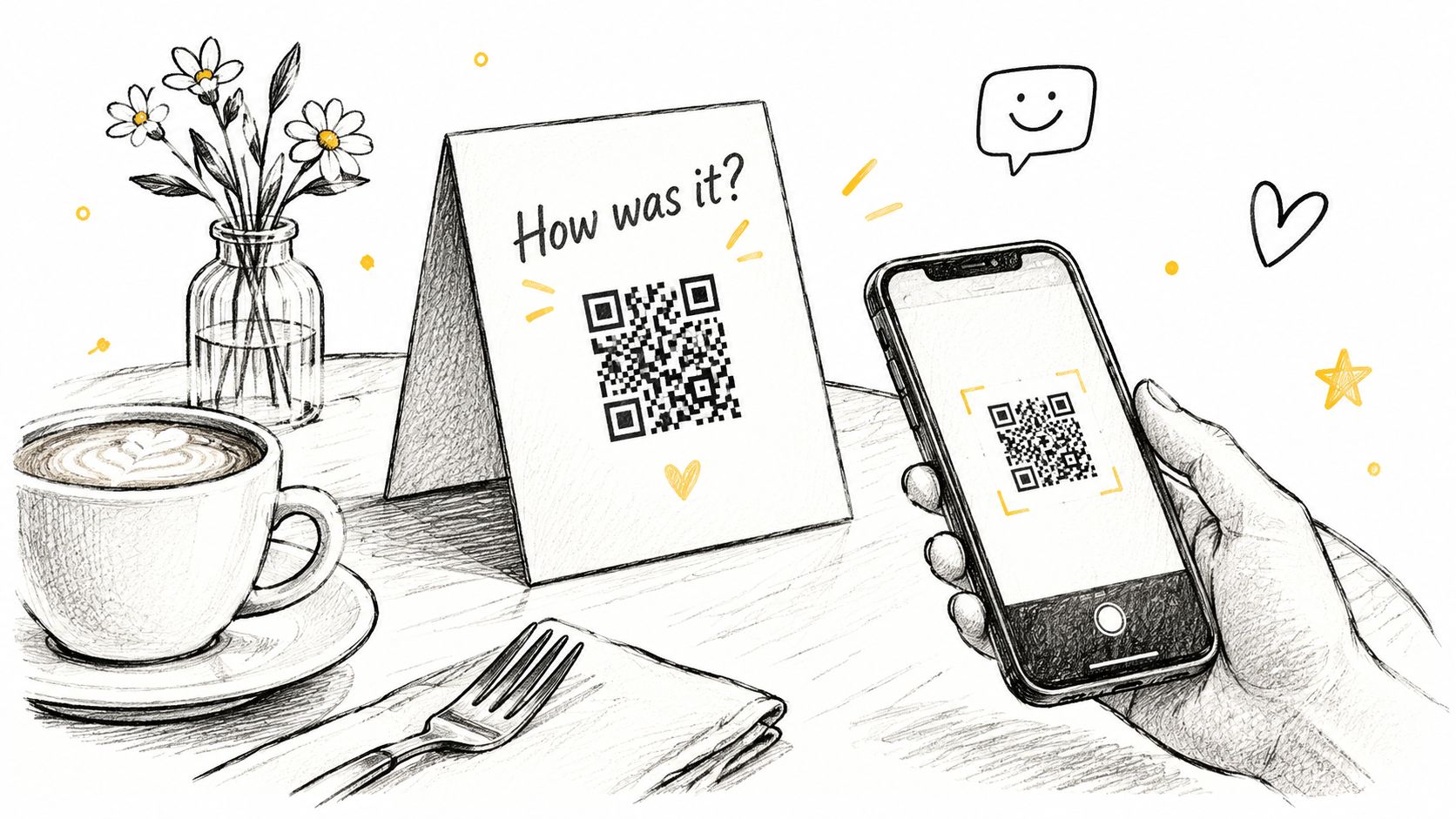 A hand holding a smartphone scanning a QR code on a restaurant table feedback card.