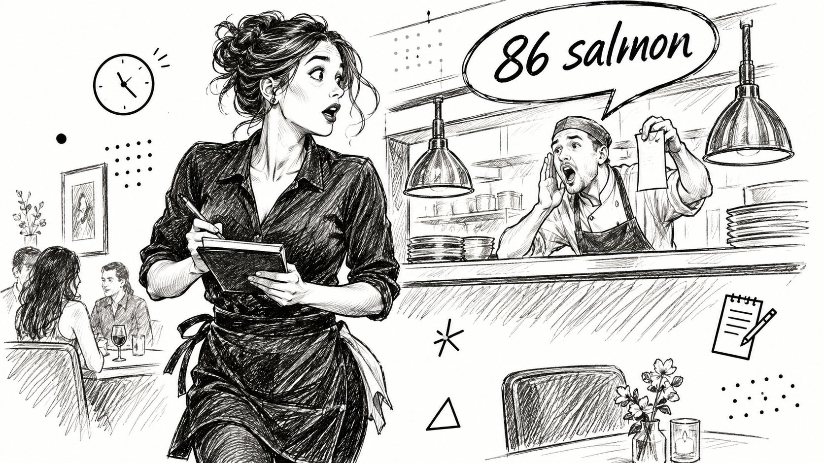 A line art sketch of a stressed waitress listening to a chef yelling 86 salmon in a restaurant.