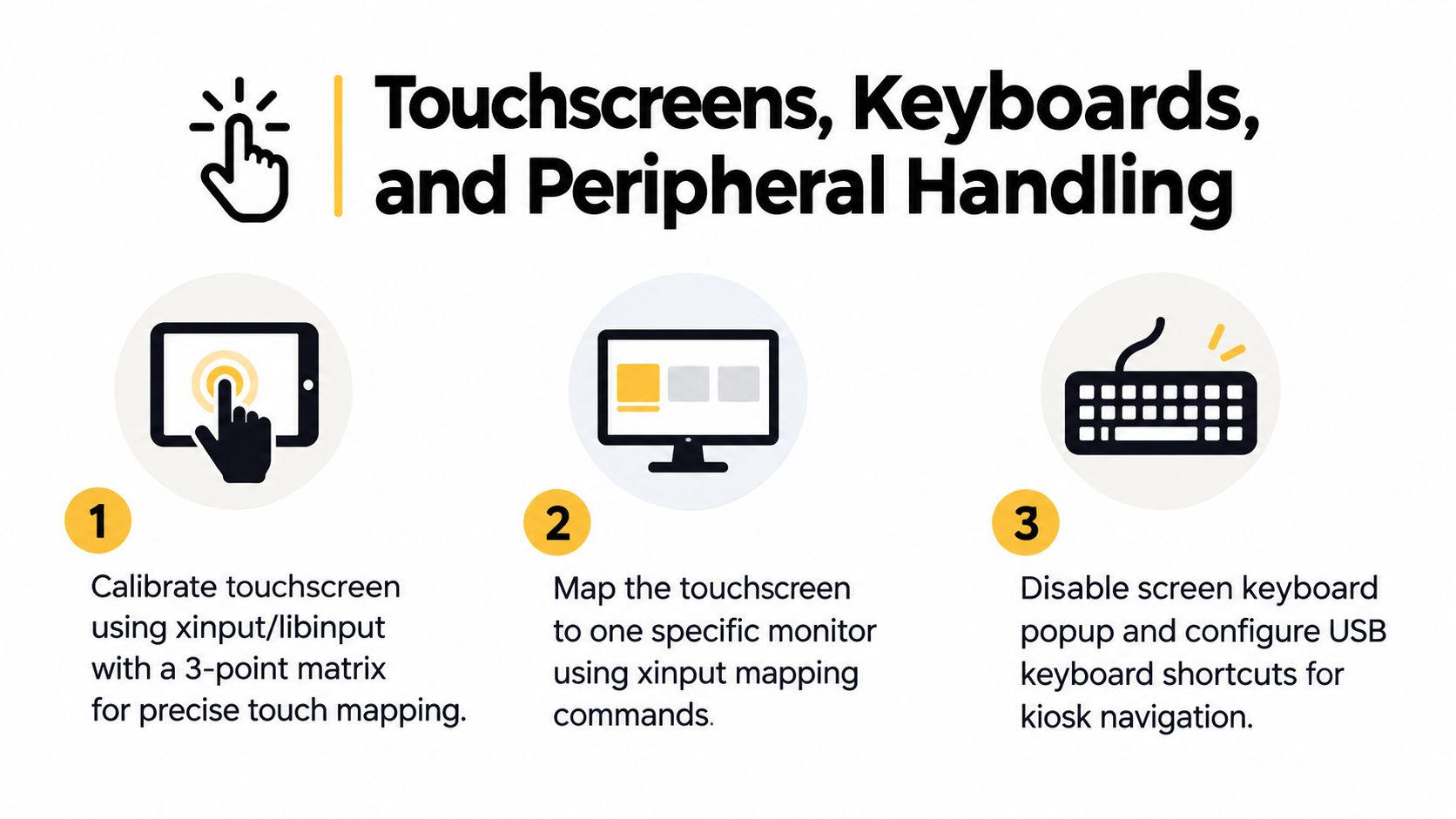 A technical guide graphic explaining how to configure touchscreens, keyboards, and peripherals for kiosk mode systems.
