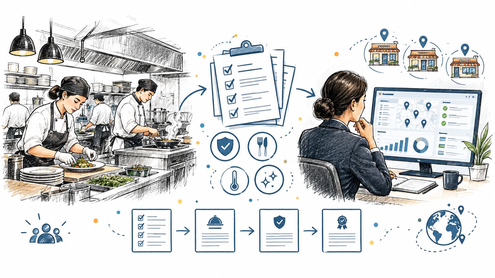 A digital illustration showing the food safety quality assurance process from kitchen preparation to restaurant oversight management.