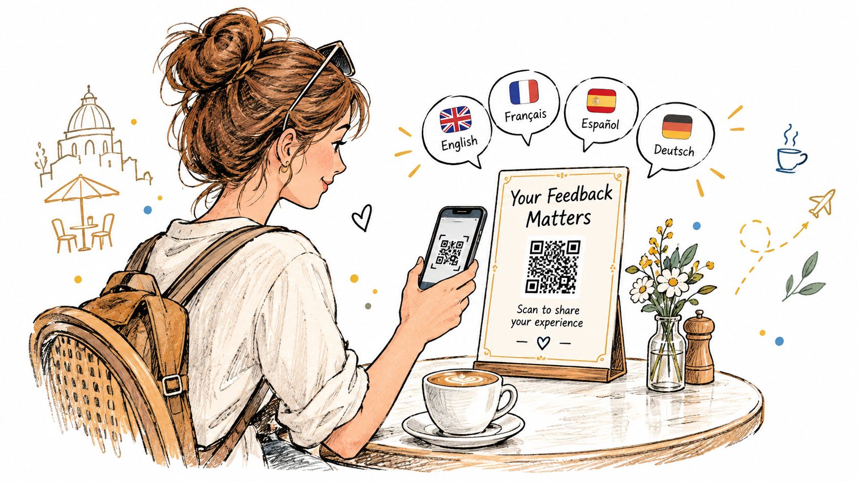 A young woman at a cafe table using her smartphone to scan a multilingual QR code feedback card.
