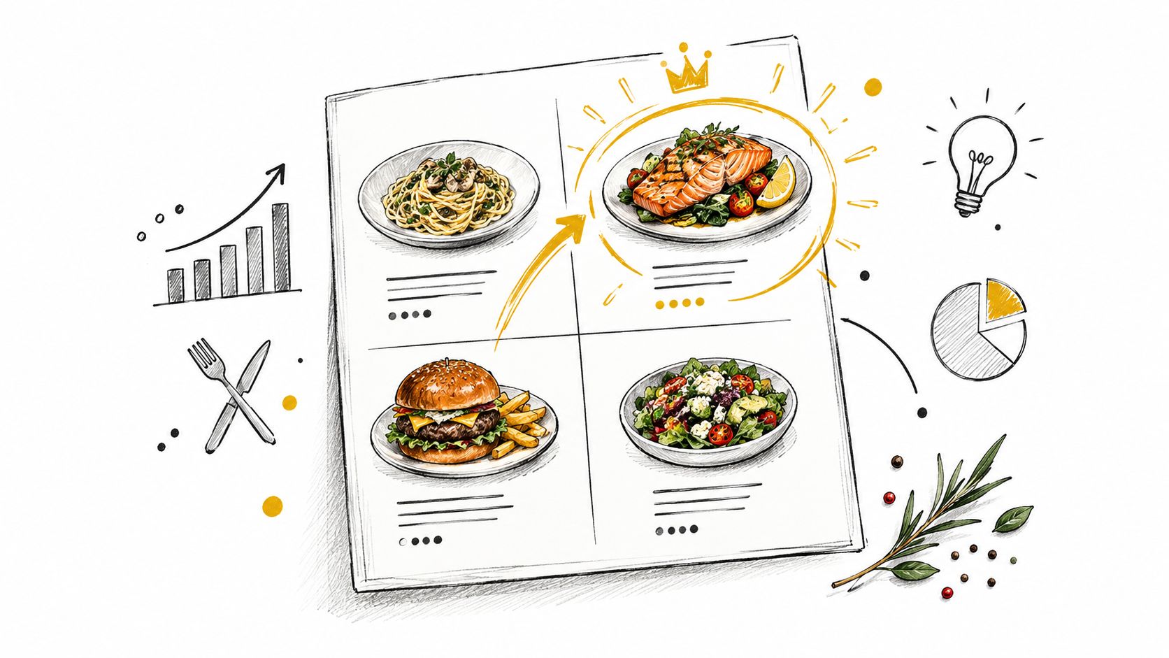 A hand-drawn illustration showing a menu with various food items and business analysis icons surrounding it.