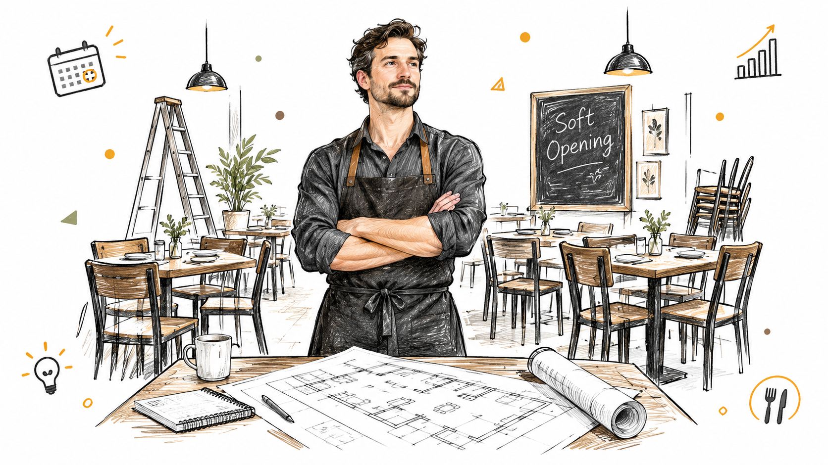 A professional manager standing in a restaurant setting with architectural blueprints spread on a table nearby.
