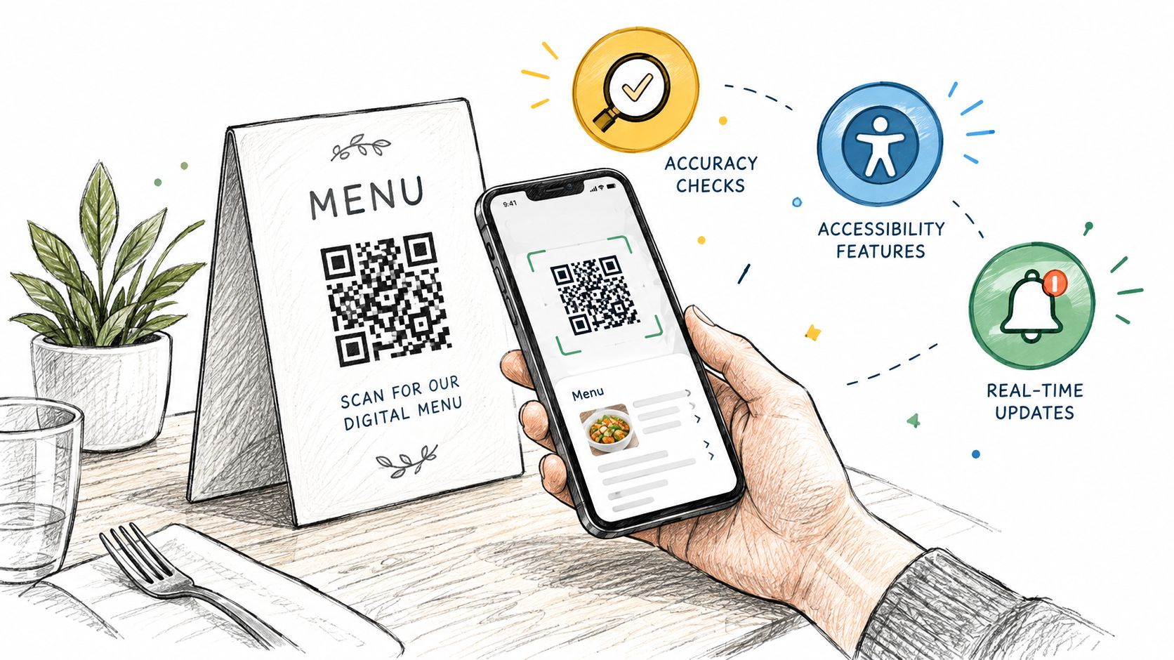 A hand holding a smartphone scanning a digital menu QR code at a restaurant table with icons.