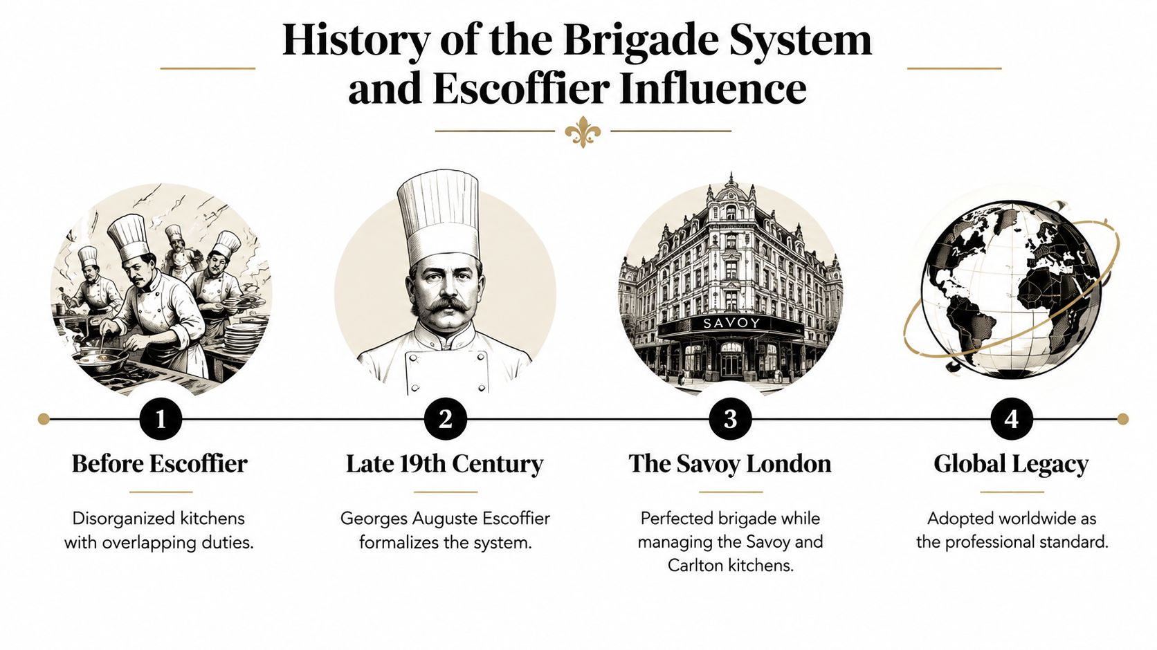 An infographic illustrating the history of the kitchen brigade system and Escoffier's influence on professional kitchens.