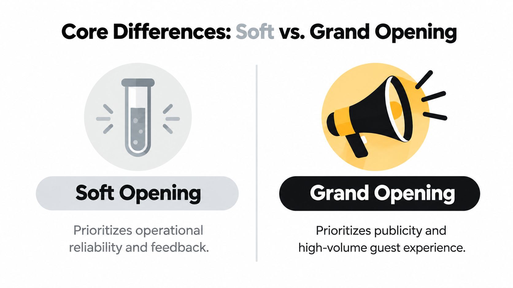 A comparison chart showing the core differences between a soft opening and a grand opening for businesses.