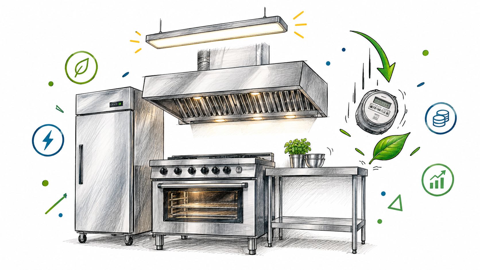 A professional kitchen scene featuring energy-efficient appliances like a refrigerator, stove, and ventilation hood with icons.