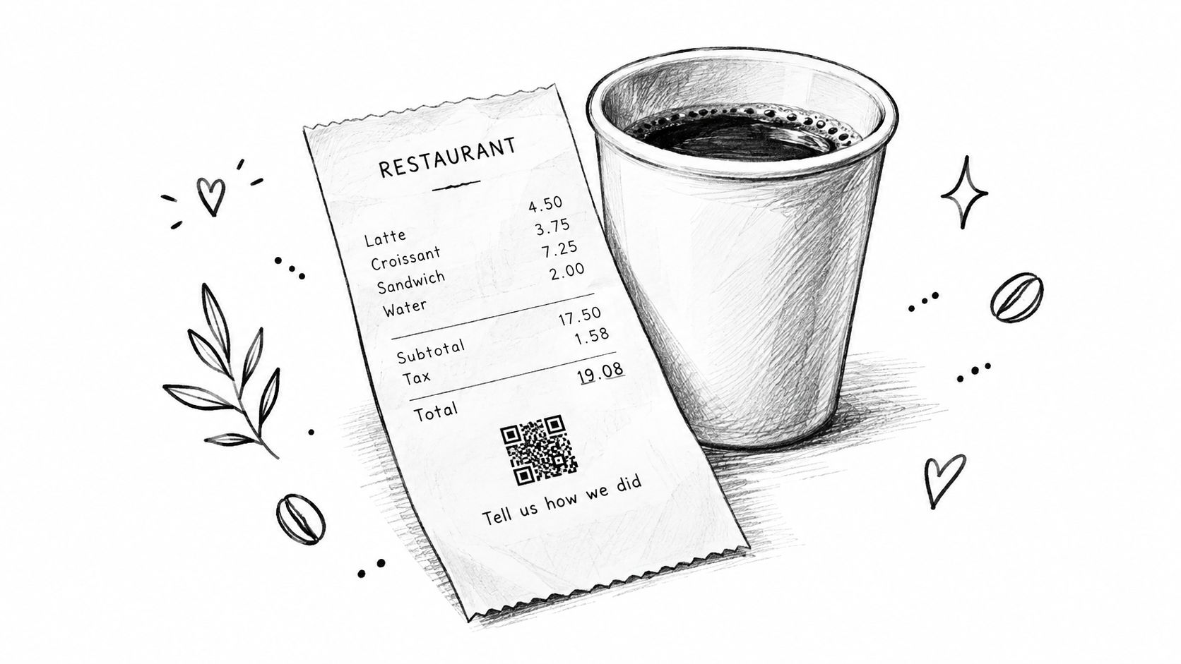 A pencil sketch of a restaurant receipt beside a coffee cup on a white background with decorative doodles.