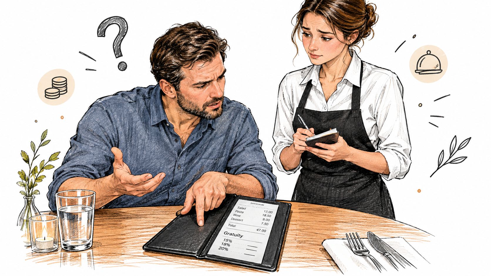 A man asking a waitress about tipping options while reviewing a restaurant bill at a table.
